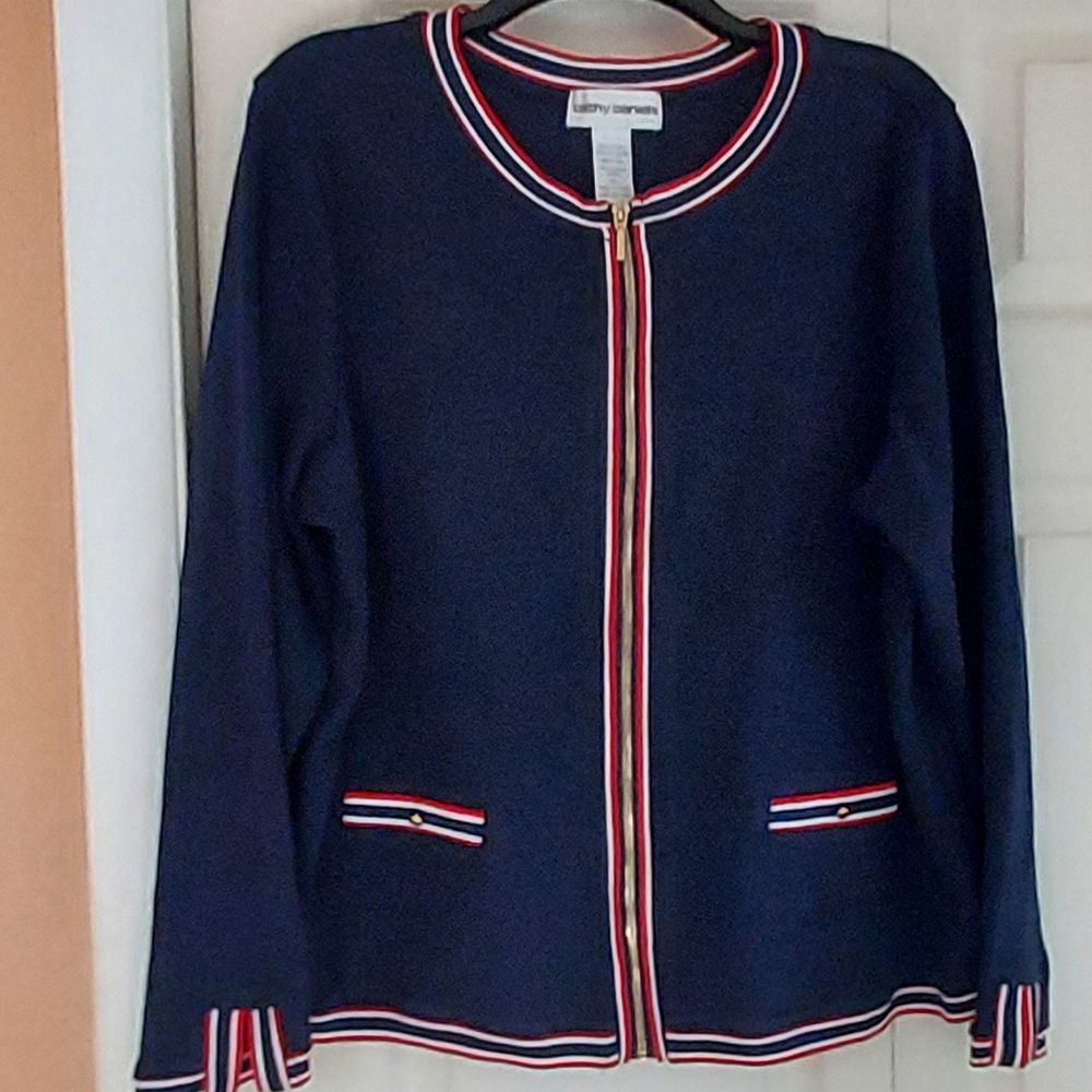 Cathy Daniels Womens XL Navy Red White Zip Front Cardigan Jacket Classic Preppy